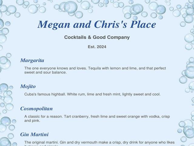 Top of a sample menu in the Bubbles and Blue design