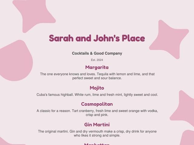 Top of a sample menu in the Pink Stars design