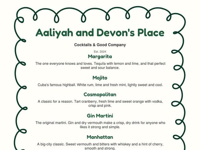 Top of a sample menu in the Soirée design