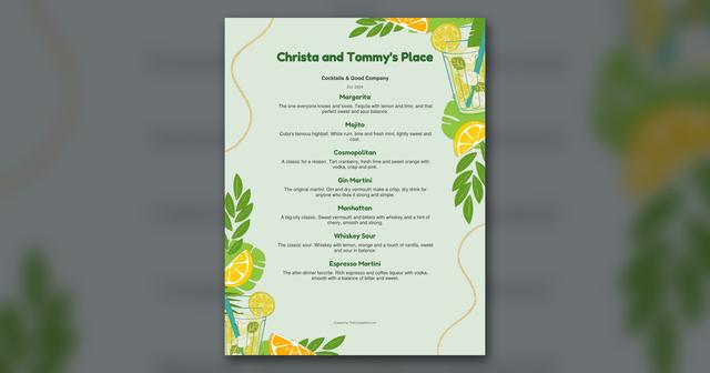 A printed cocktail menu in the Tropical design for Christa and Tommy's Place, listing seven drinks from Margarita to Espresso Martini