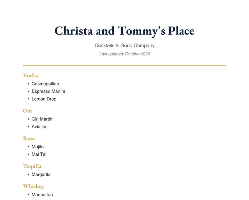 The top of a printed Pod Tracker for Christa and Tommy's Place, with pod names grouped under Vodka, Gin, Rum, Tequila and Whiskey and a Last updated line