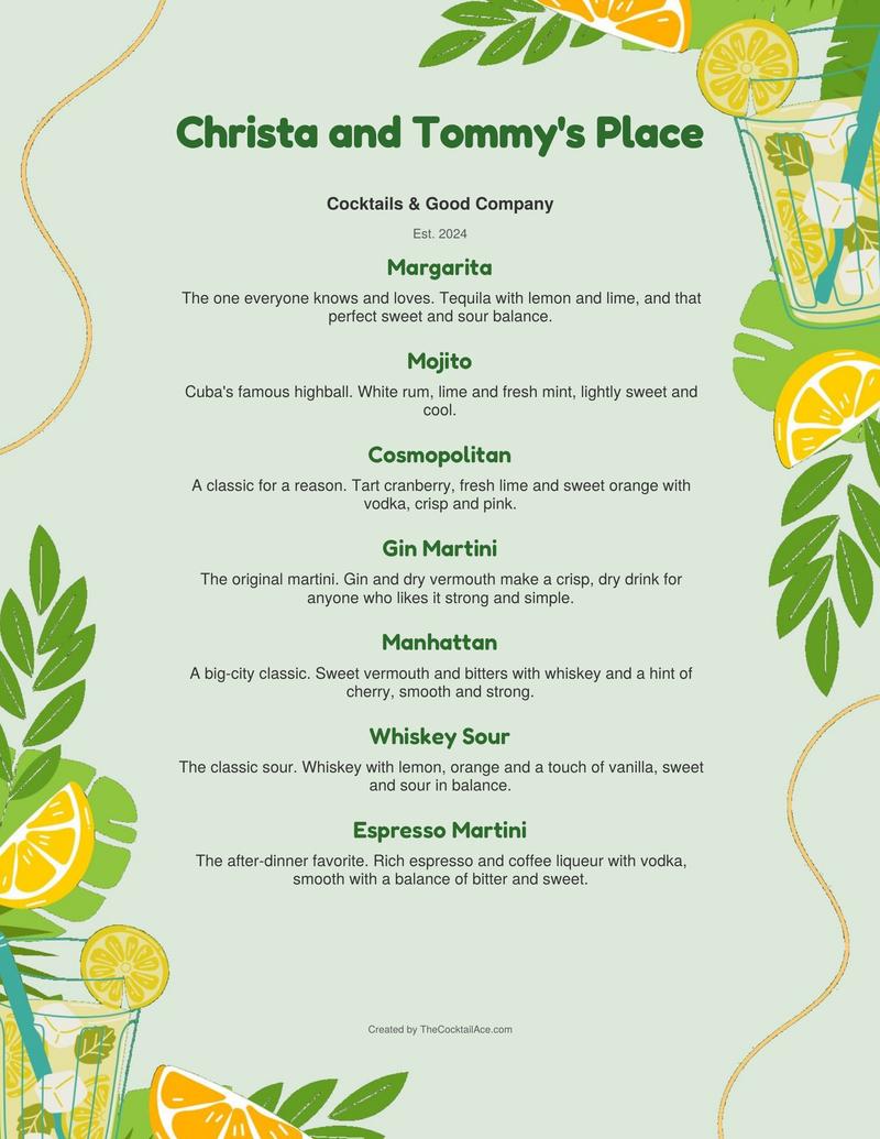 A full page of a finished menu in the Tropical design for Christa and Tommy's Place, with seven drinks and a short description under each