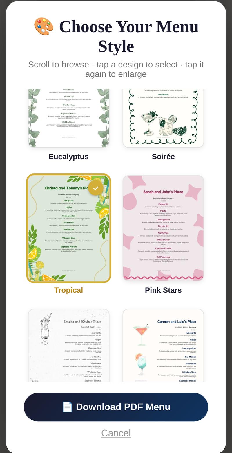 The Choose Your Menu Style box on a phone, with the Tropical design picked and outlined in gold, next to Eucalyptus, Soirée and Pink Stars