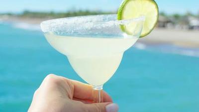 A hand holding a margarita with a salted rim and a lime wheel over the ocean