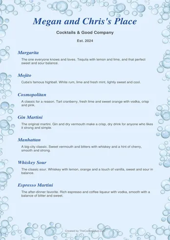 Bubbles and Blue menu sample