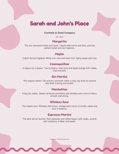 Pink Stars menu sample